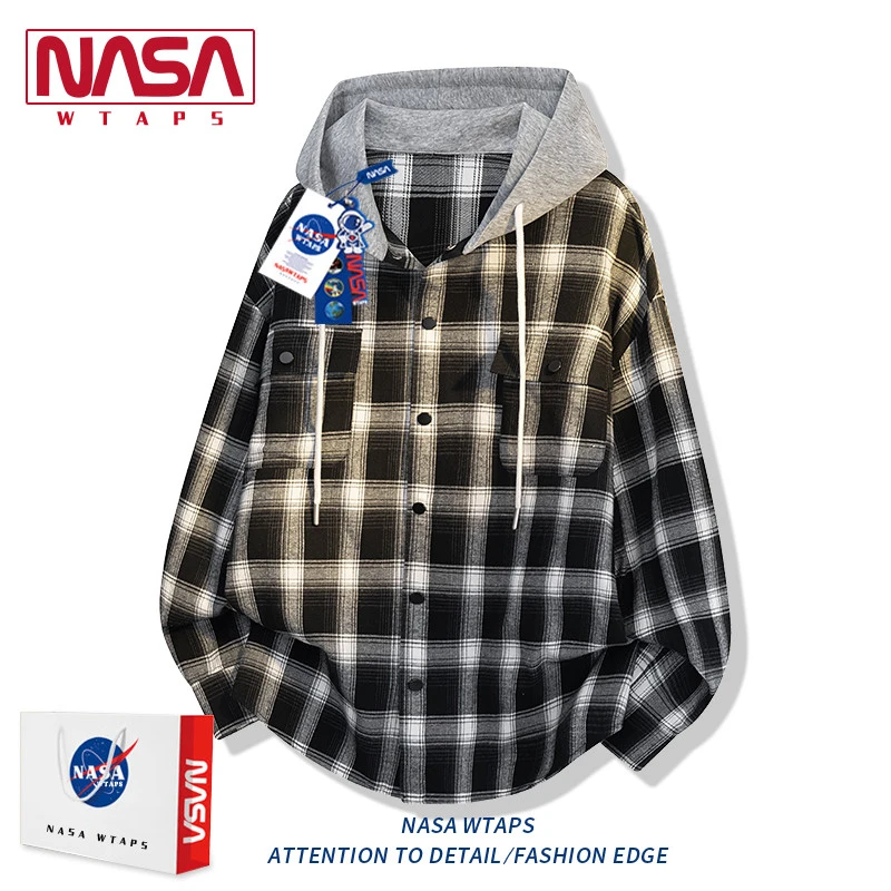 NASA WTAPS春秋连帽格子衬衫外套男款美式痞帅开衫假两件情侣衬衣