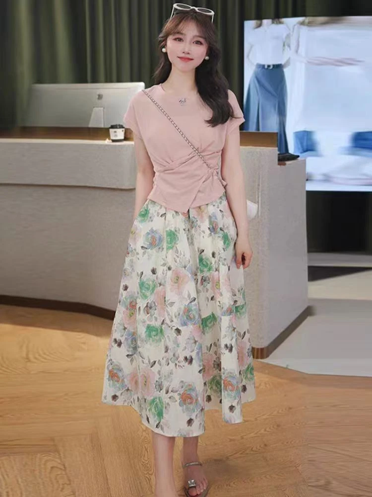 2509【衣50裙75】时尚女夏季新款褶皱短袖T恤+碎花半身裙休闲套装女