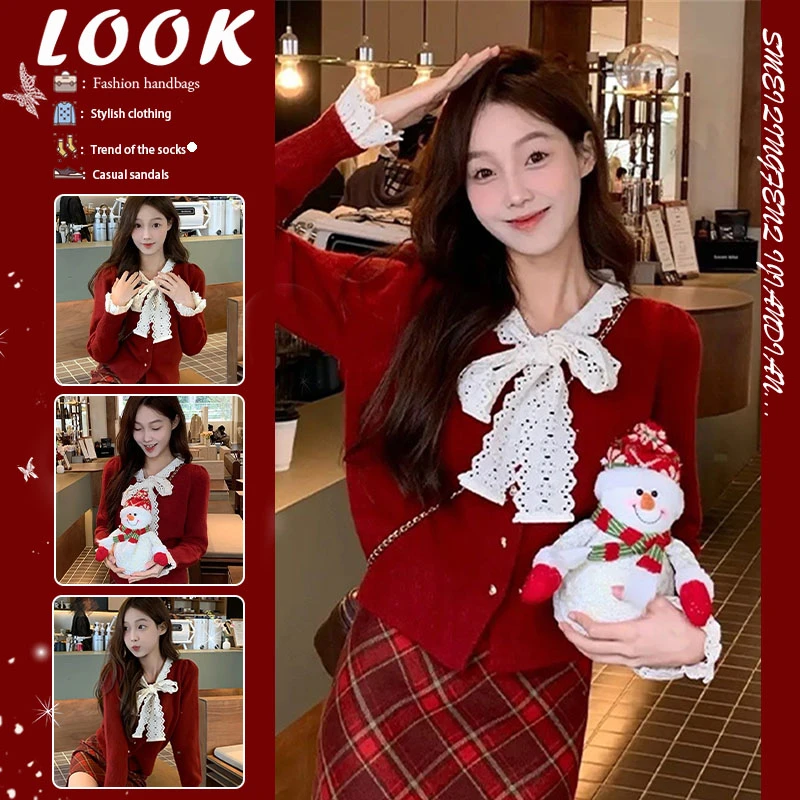 茶系穿搭一整套红色法式蕾丝蝴蝶结系带毛衣开衫高腰格子包臀短裙