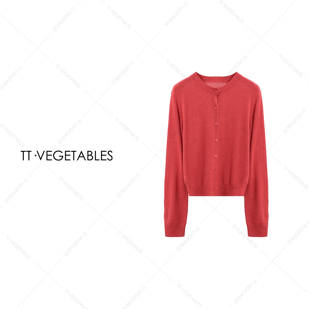 噢芬/小个子 【红沫】羊毛混纺纯色毛针织衫单排扣开衫521297