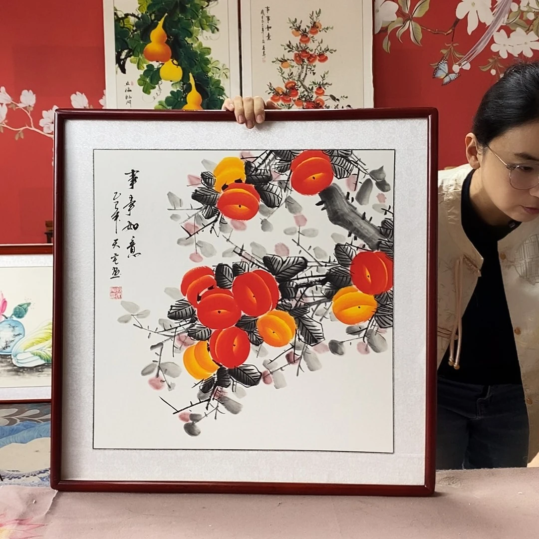 国画手写手绘国画作品带框包邮62✖️62