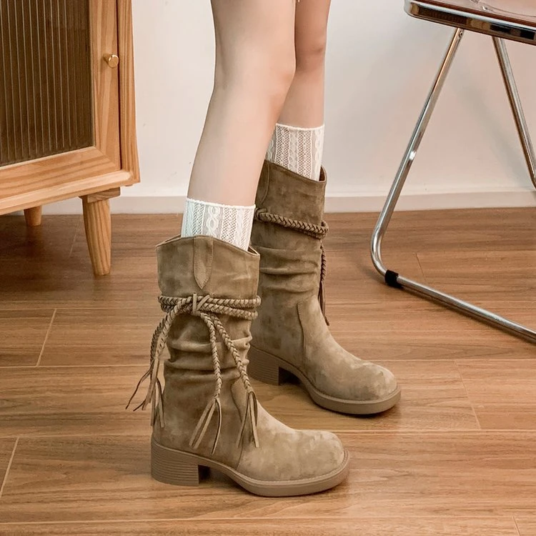 2025秋季新款厚底靴子女废士复古风骑士靴磨砂流苏麻绳粗跟中筒靴