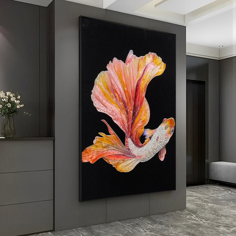 手绘珐琅彩挂画入户玄关走廊立体镶钻装饰画轻奢餐厅客厅壁画锦鲤