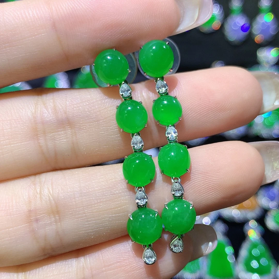 翡翠18K金镶嵌耳饰高冰满绿