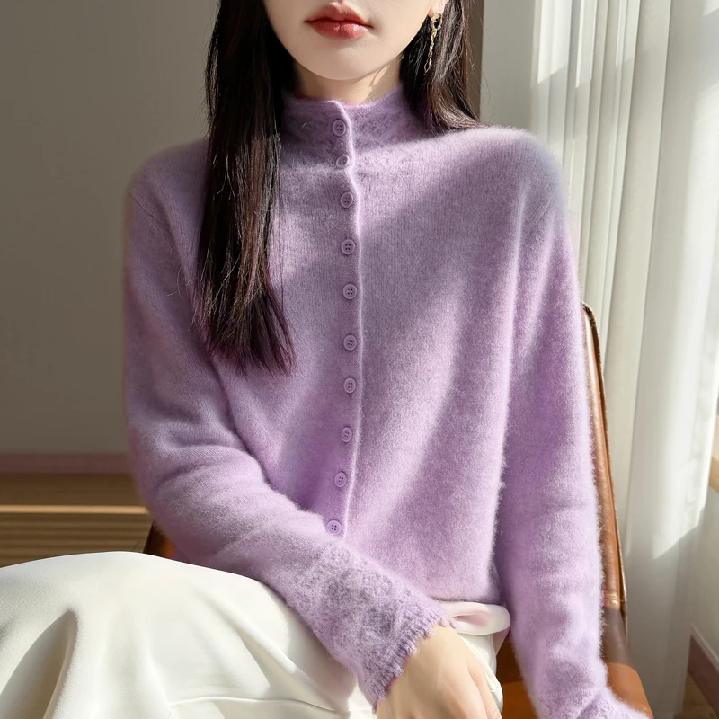 【设计师款】100纯羊毛衫精致翻领高领单排扣厚款百搭时尚针织衫女