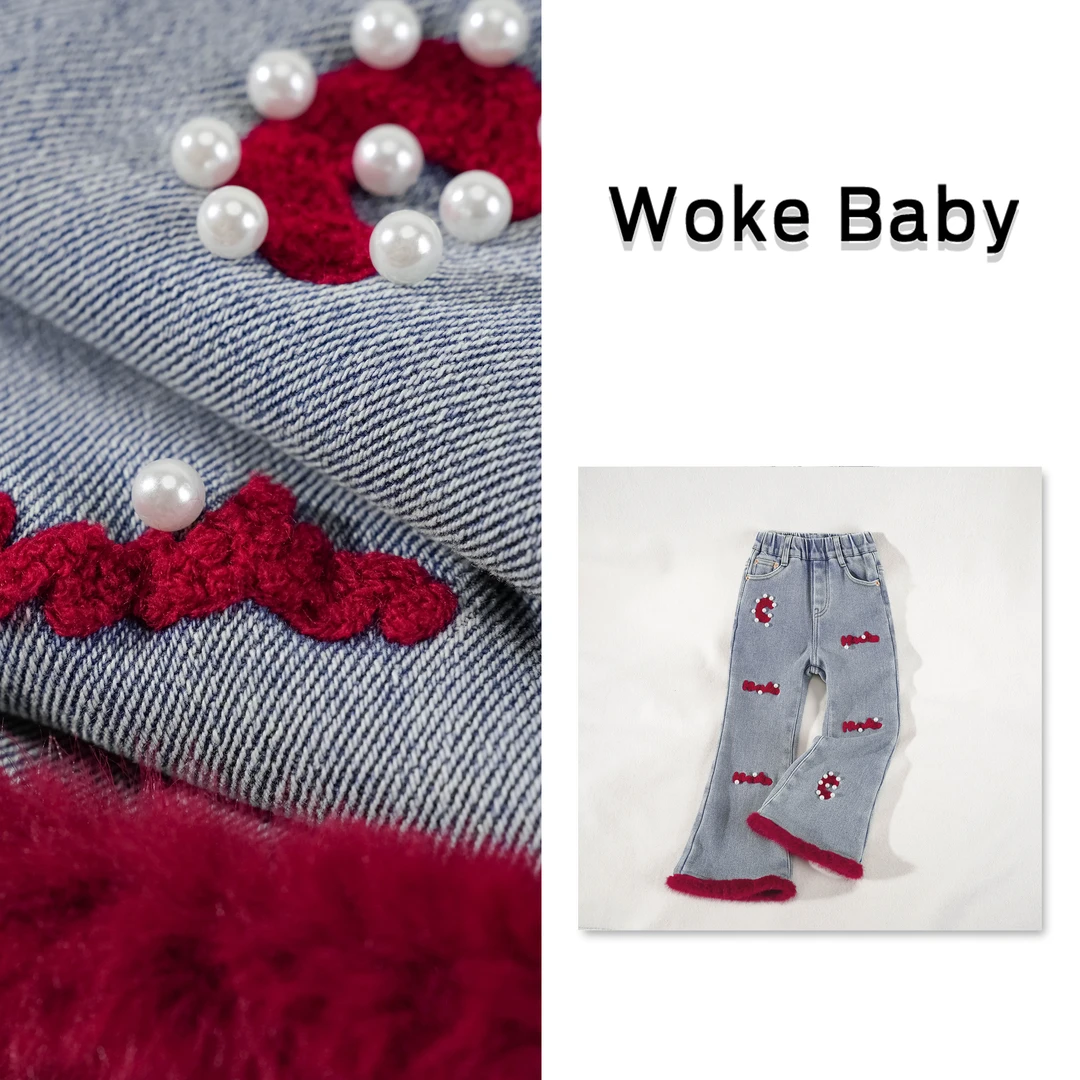 女童加绒加厚一体绒牛仔裤儿童秋冬季可爱款式微喇裤长裤V10304