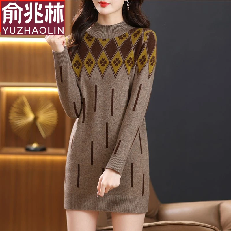 秋冬加厚羊毛衫女中长款半高领提花毛衣裙宽松大码打底衫厚