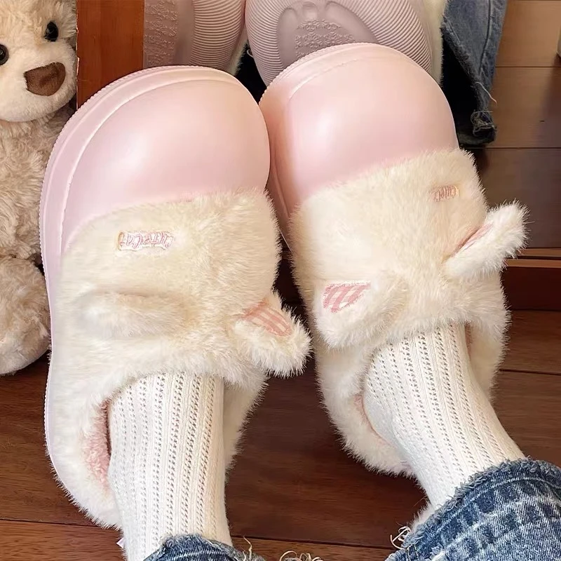 可爱猫咪棉拖鞋女生秋冬季室内防滑保暖圆头外穿厚底毛绒半包拖鞋