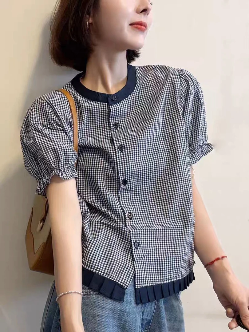 韩系高级感减龄撞色圆领格子泡泡短袖衬衫女25夏季洋气时尚小上衣