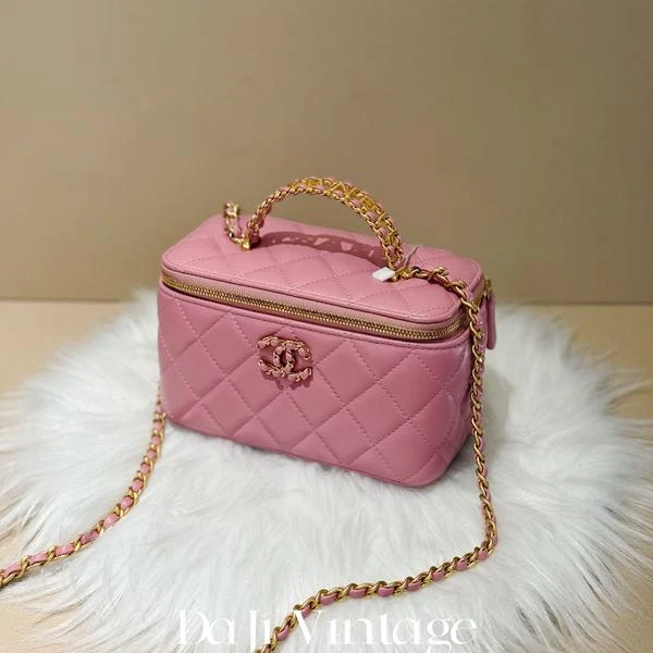 大吉中古/Chanel香奈儿24c粉金水钻手柄盒子斜挎包