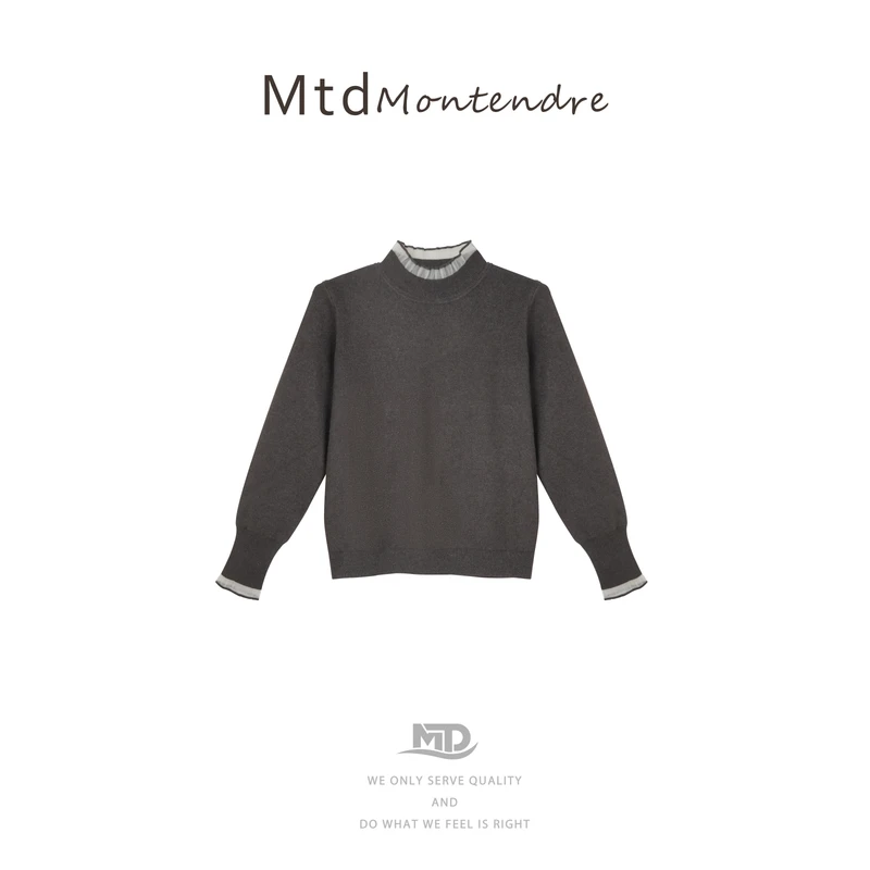 【Montendre】秋冬新款 R 气质半高领花边打底上衣拼接领毛针织衫
