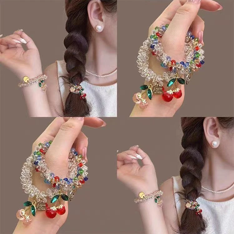 【樱落星坠】韩国水钻樱桃吊坠气质发绳女送闺蜜手链两用扎马尾