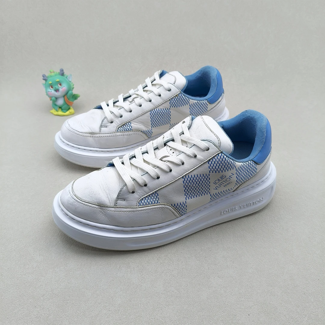 95新 LouisVuitton/路易威登 39码/白蓝棋牌格logo低帮厚底松糕鞋