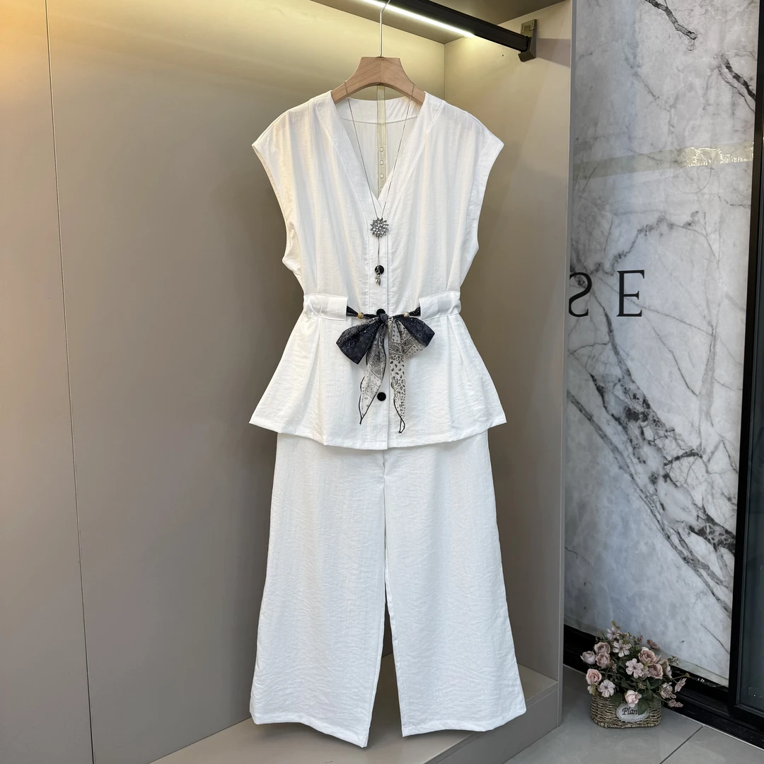 大码夏季新款时尚套装v领砍袖丝巾收腰上衣+阔腿裤两件套7230