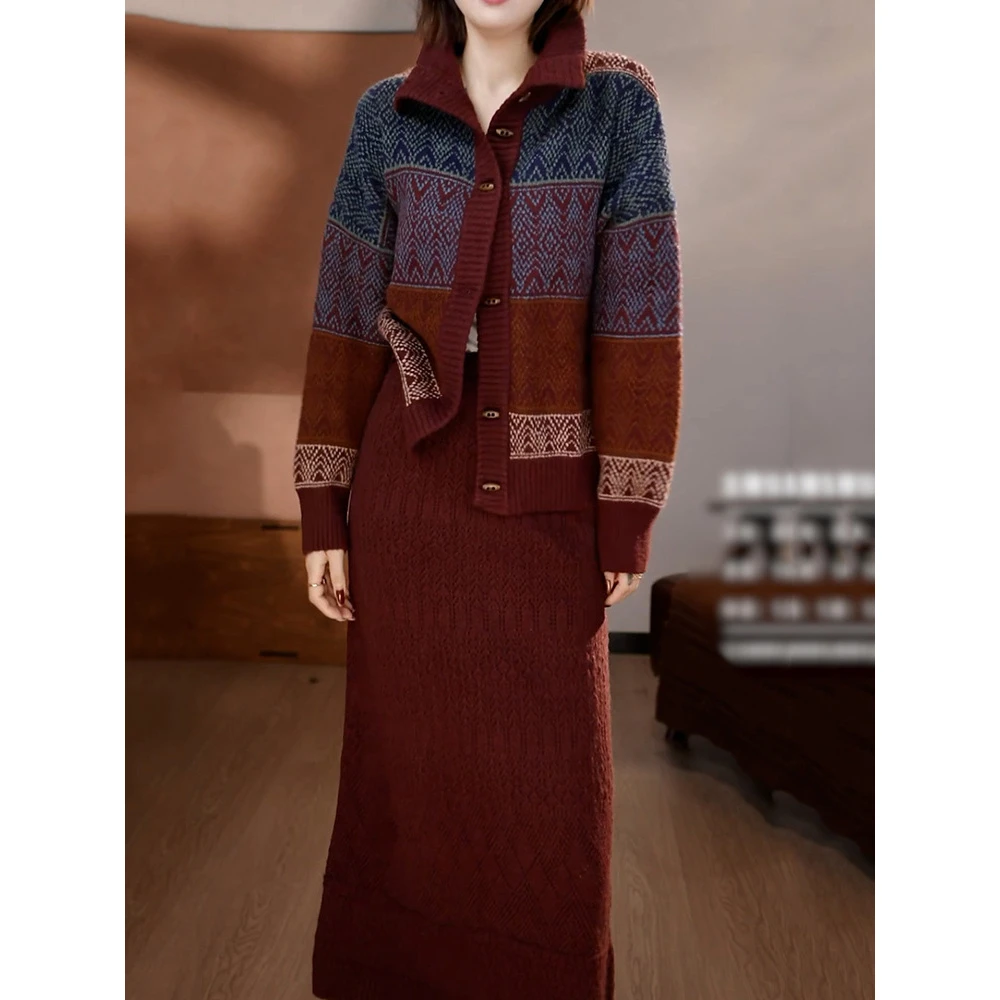 高级感洋气针织裙套装女2026春季新款文艺风百搭高领上衣+半身裙