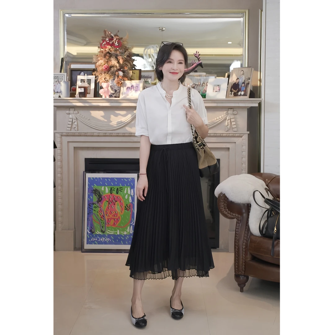 我是摩羯 花瓣裙珍珠雪纺立体压褶抽绳松紧腰夏赫本百褶网纱半裙