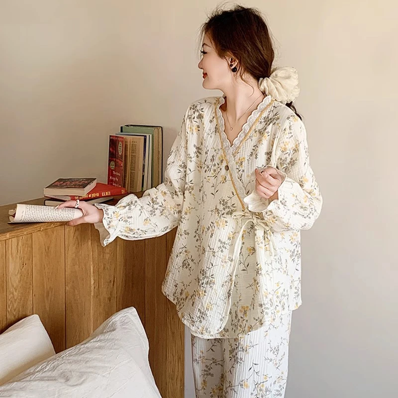 纯棉夏季薄款月子服大码产后棉纱长袖和服春秋哺乳孕妇睡衣家居服