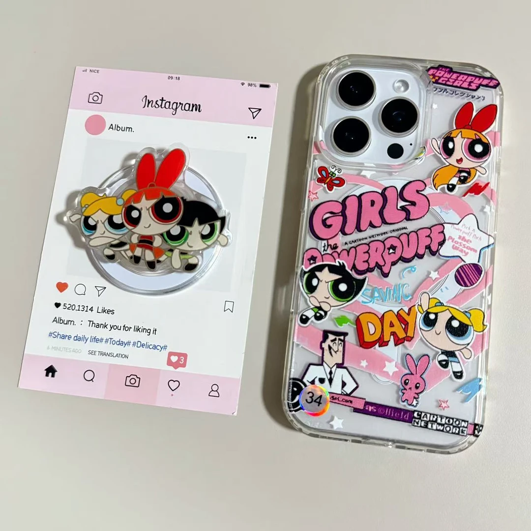 【亚克力磁吸】爱心飞天小女警支架手机壳适用iPhone17/16/15防摔