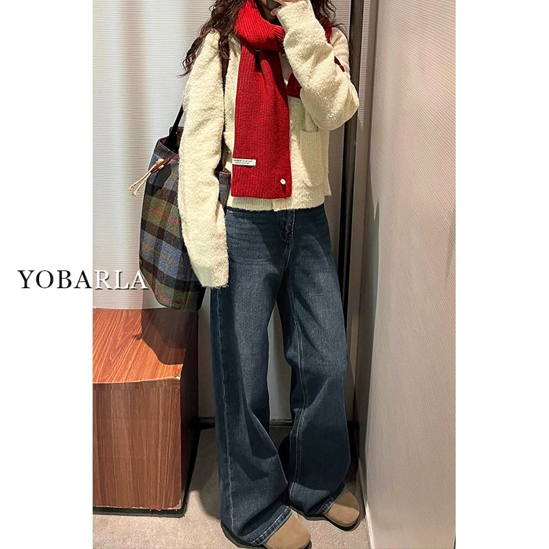 蓝灰色高腰直筒牛仔裤女冬季加绒梨形身材大码胖mm宽松显瘦阔腿裤