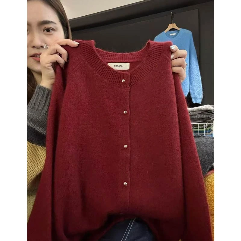 「小金豆开衫」秋冬针织长袖上衣时尚女士厚款纯色毛衣外套-9650