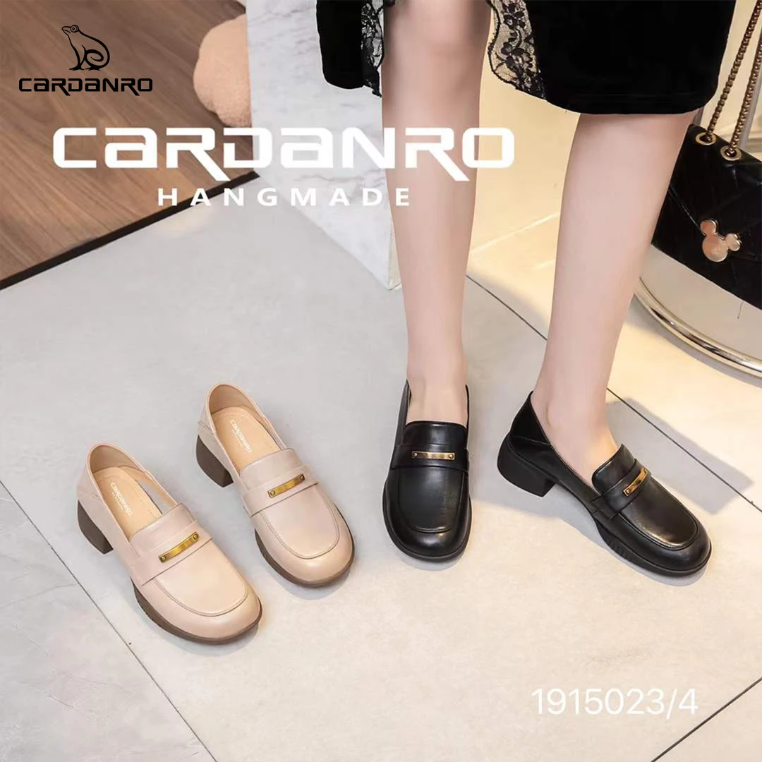 卡丹路【牛皮/4cm】粗跟一脚蹬低跟乐福鞋软底休闲英伦风厚底百搭款