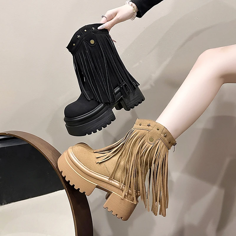 厚底增高圆头短靴女2025秋季新款美拉德复古西部牛仔流苏马丁靴子