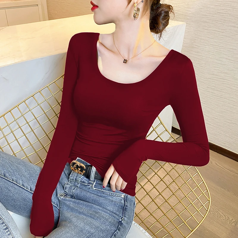 U领薄款红色长袖打底衫女2025秋冬修身显瘦简约百搭软糯毛针织衫