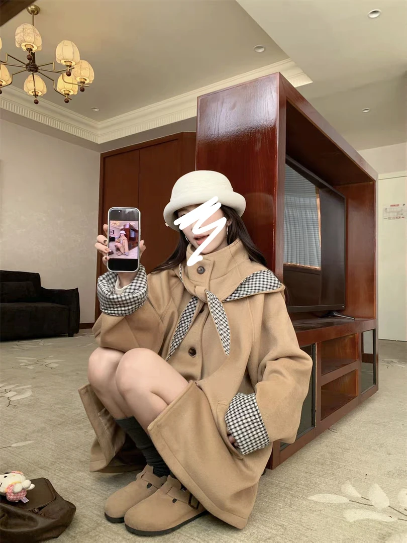 萌萌毛呢外套女秋冬季新款宽松休闲中长款可拆卸连帽大衣988567