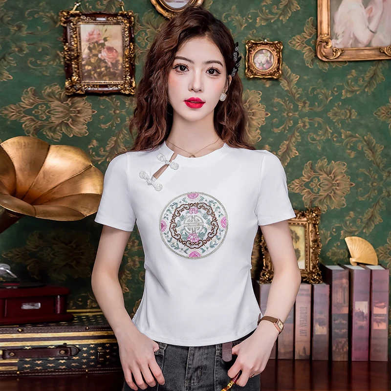 新中式大码女装2025新款夏季印花短款短袖修身高档国风圆领T恤