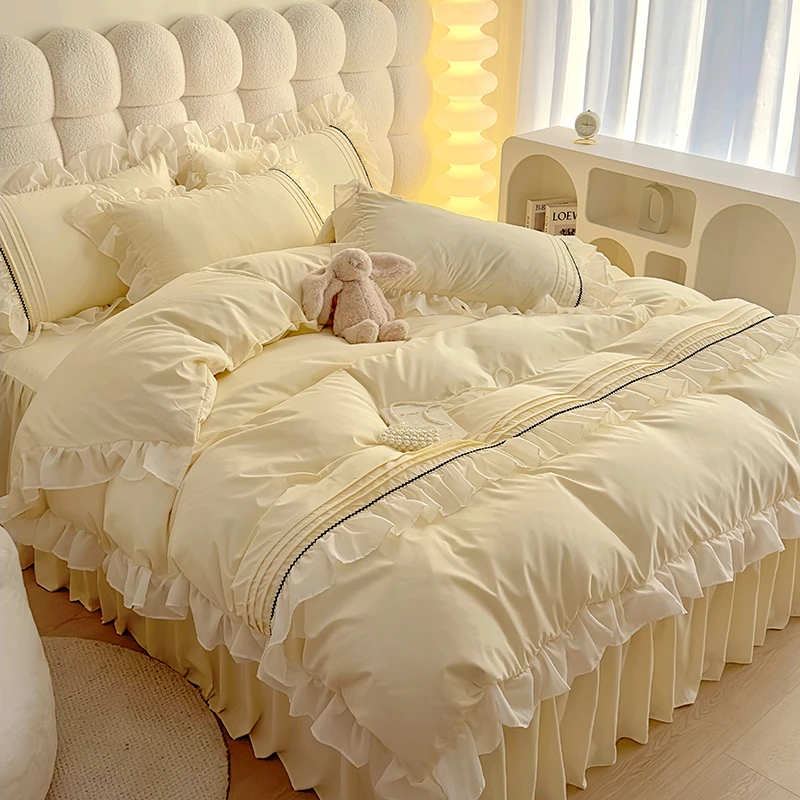 小红书推荐裸睡纯棉床单床裙式四件套全棉床上被套被罩床笠款刺绣