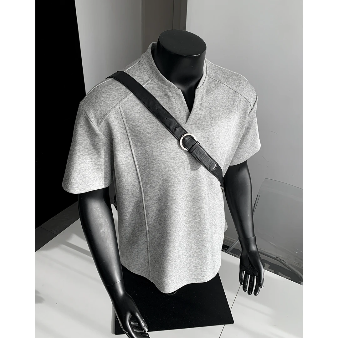 美式正肩休闲Polo衫短袖男款夏季潮牌痞帅高级感纯色拼接翻领上衣