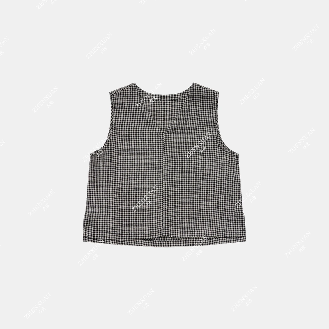 D185-薄款格子常规马甲韩版马夹夏装洋气国风慵懒风