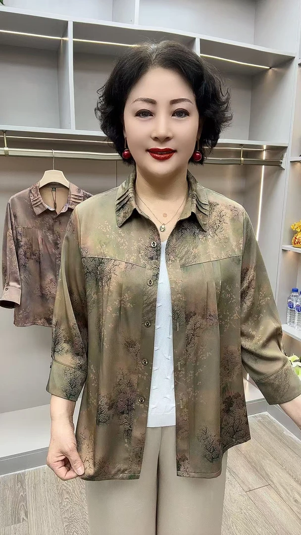CF#25-18开衫-8分袖 衣长65 中老年女装夏季薄款山水画衬衫妈妈衫