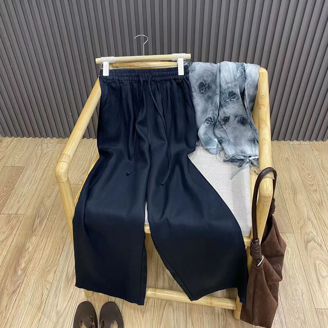 高腰抽绳纯色天丝麻阔腿裤复古文艺百搭宽松显瘦长裤女K99926