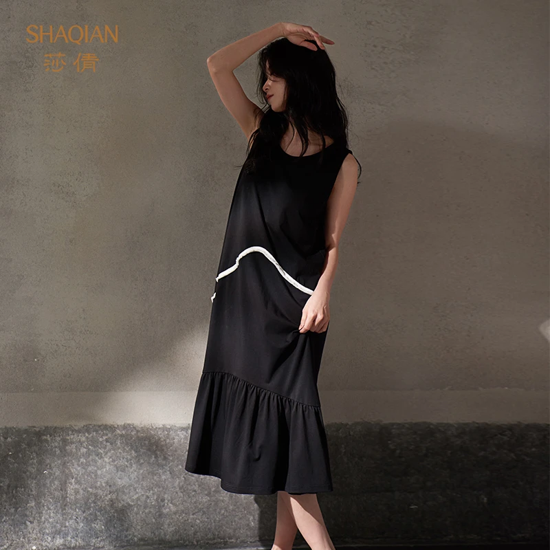 莎倩新款带胸垫背心睡裙2025夏季凉感莫代尔棉女士睡衣黑色可外穿
