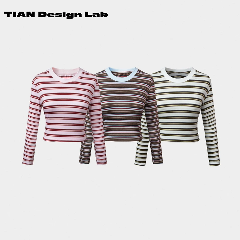 Tian design lab撞色条纹短款长袖T恤女早秋新款正肩圆领休闲宽松