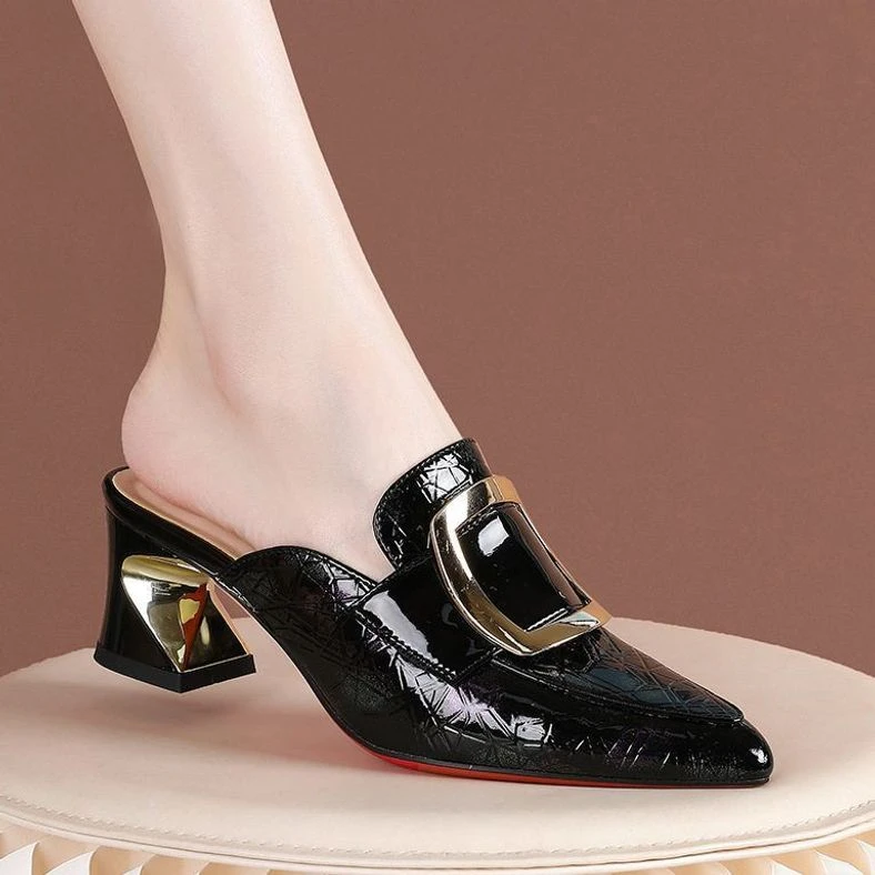 时尚外穿凉鞋鞋方扣百搭粗跟拖鞋中跟拖凉鞋包头凉拖金属轻奢鞋子