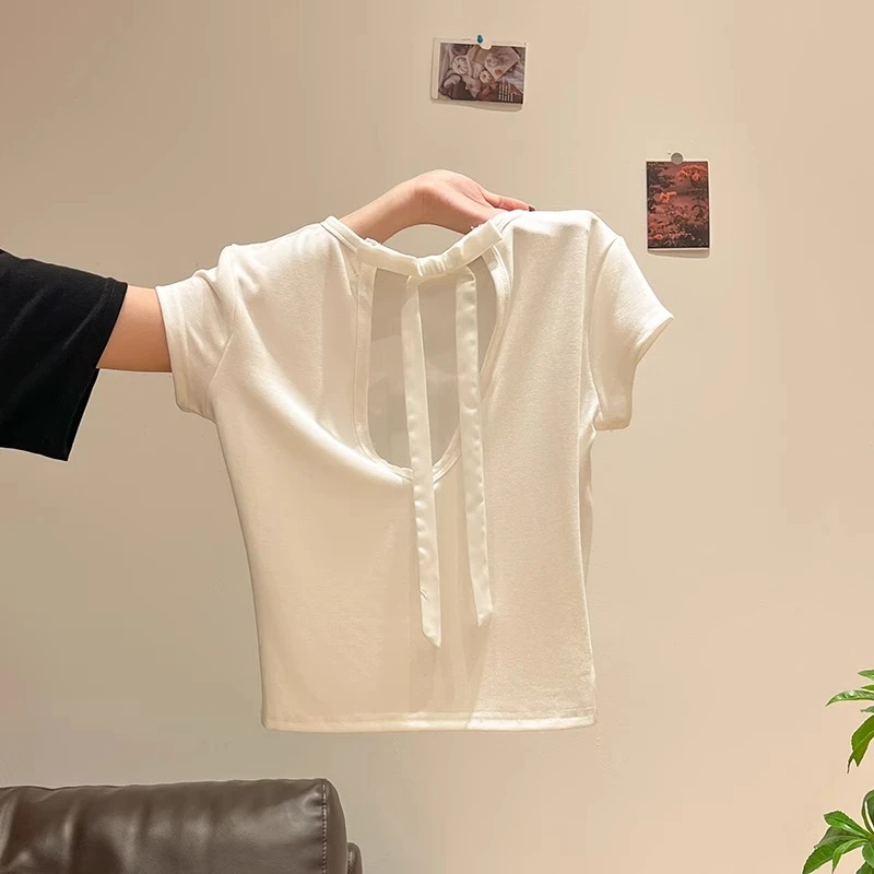 白色镂空蝴蝶结系带圆领纯欲露背短袖T恤女夏季新款设计感上衣ins