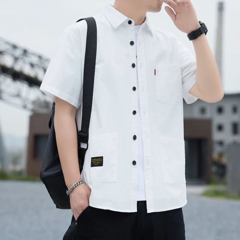 夏季男士新品牛津纺纯棉短袖工装风衬衫