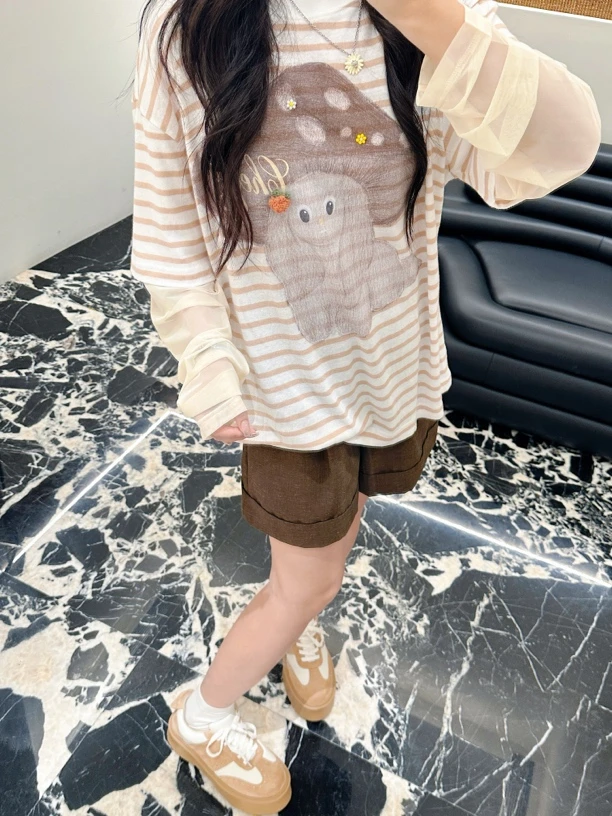 CHEERi UPi设计师品牌 小众新款蘑菇帽小狗假两件拼接防晒T