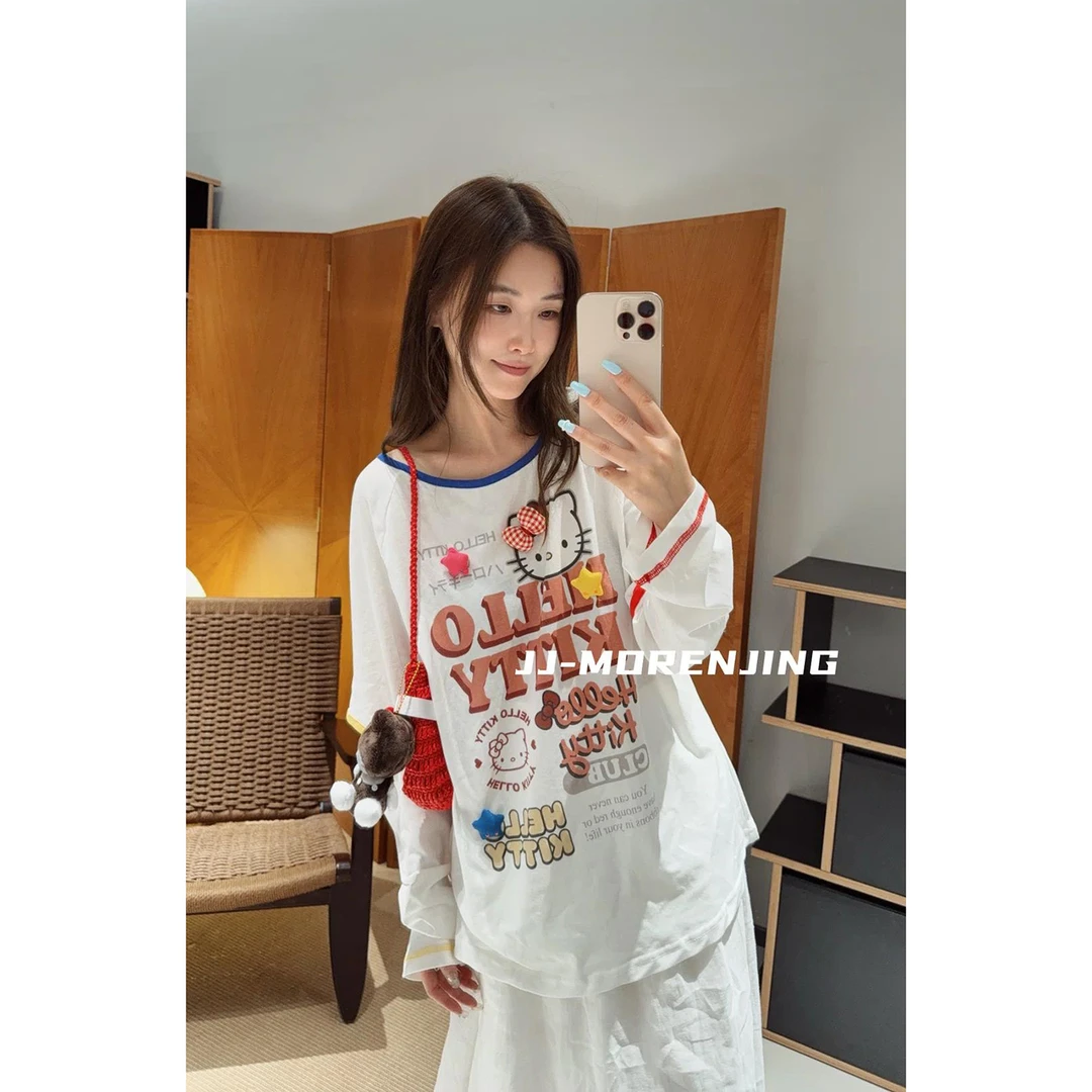 韩系2025夏季新款卡通图案拼色长袖T恤女宽松显瘦圆领休闲上衣ins