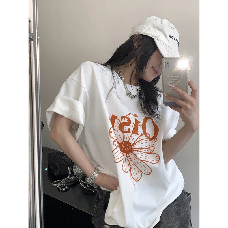 小清新2025夏季新款小雏菊印花短袖T恤女休闲百搭宽松落肩袖上衣