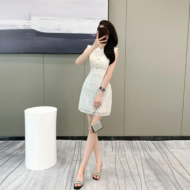 法式荷叶边连衣裙女夏季2025新款收腰显瘦气质高级感白色短款裙子