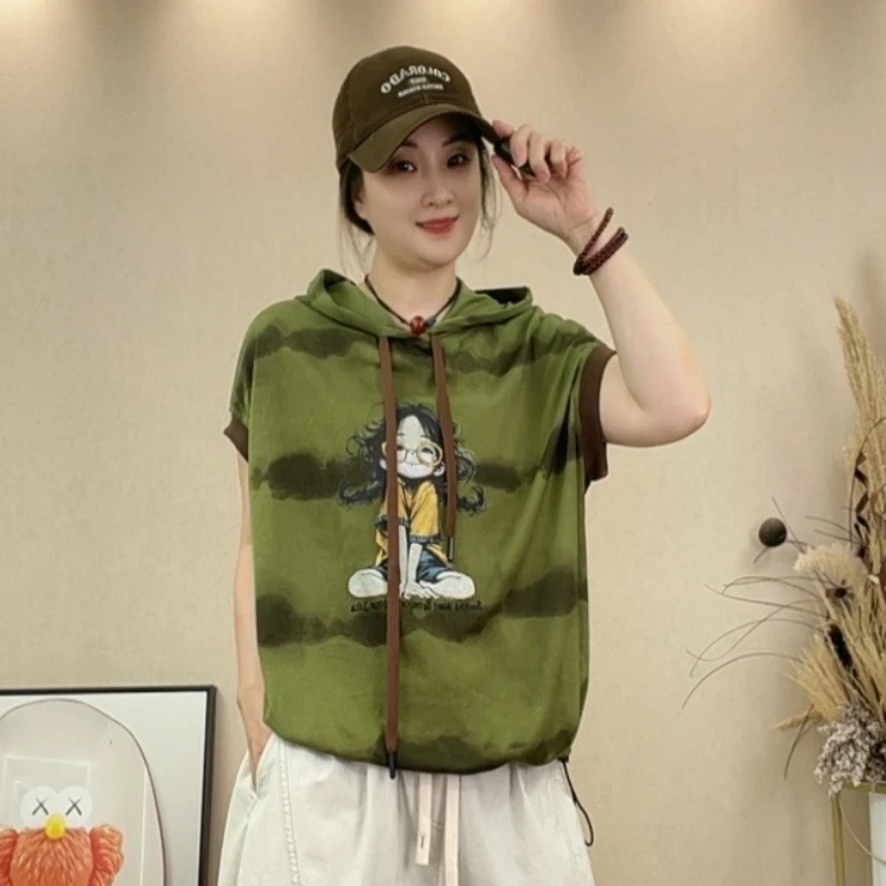 9357#宽松型抽绳静奢风1g运动短袖连帽人物时尚宽松T恤