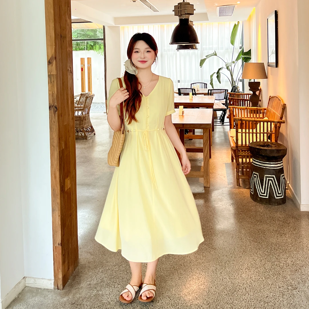 【夏至与你】运补-8-韩系简约气质显瘦收腰V领连衣裙 1466
