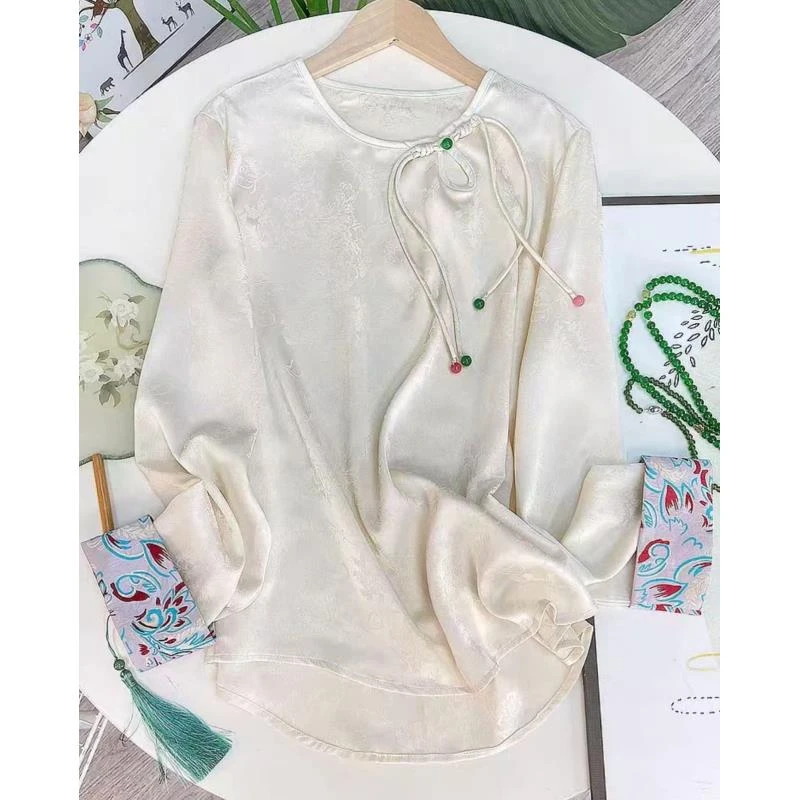 月夕--新中式国风时尚长袖圆领百搭提花气质休闲春秋小众流苏衬衫