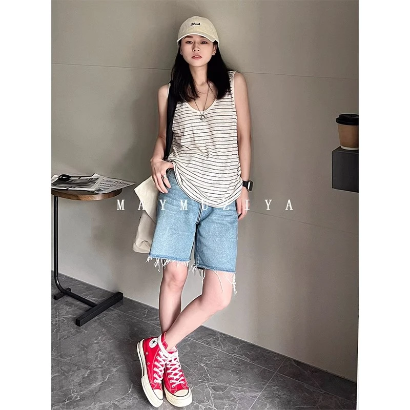 夏季必备！浅蓝色毛边五分裤高腰短款毛边设计显高显瘦不挑身材