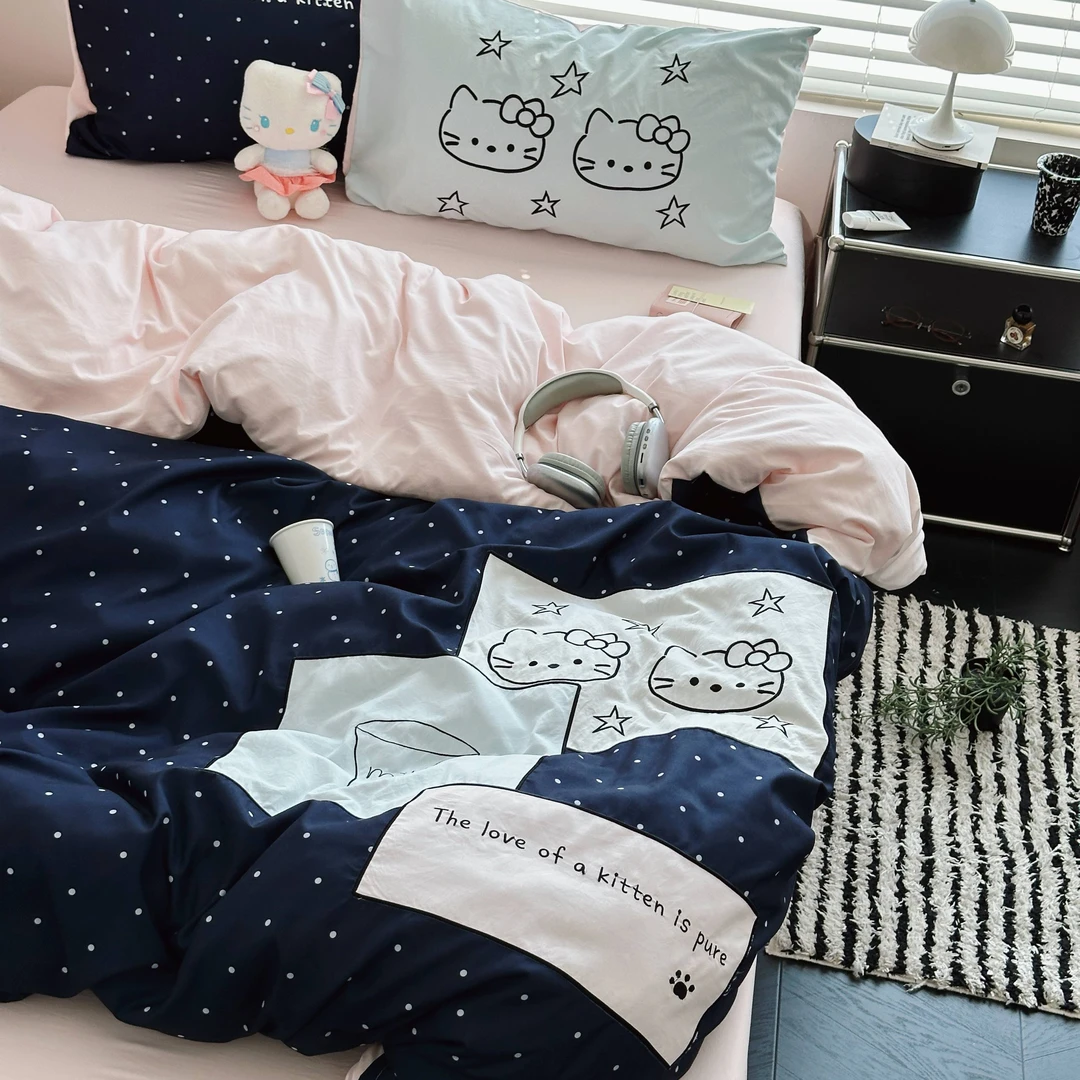 贴布波点小猫-卡通舒适水洗棉毛巾绣四件套学生宿舍三件套床品