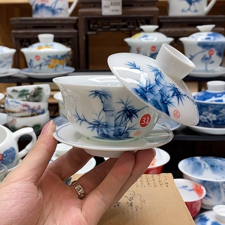 手绘咏竹悬停盖碗150cc釉下彩微瑕福利款