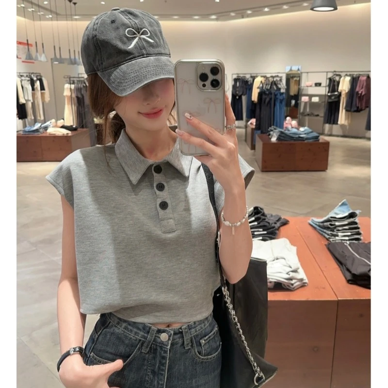 韩版复古Polo领灰色短袖T恤女2025夏显瘦时装休闲洋气上衣